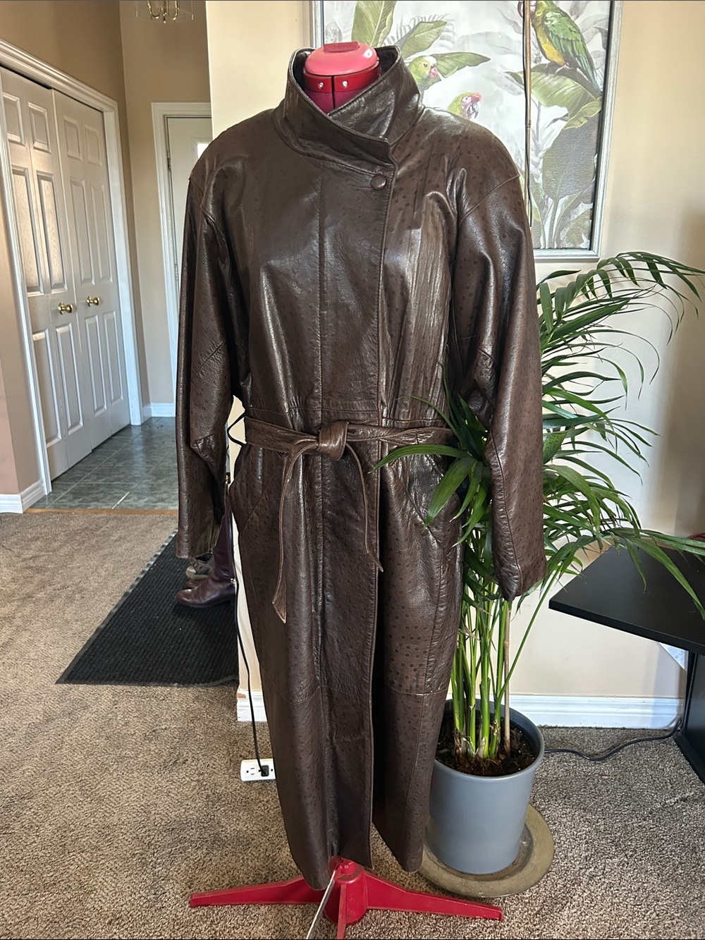 Vintage Brown Leather Coat - knee length